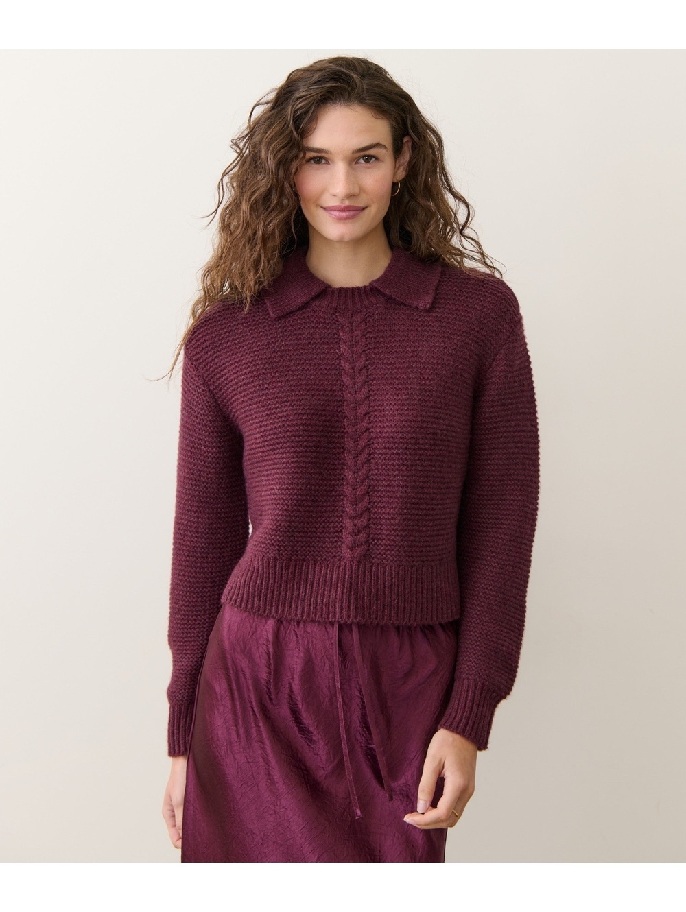 Marine Layer Everly Cable Knit Sweater Polo Fig Size M Wool Alpaca Blend